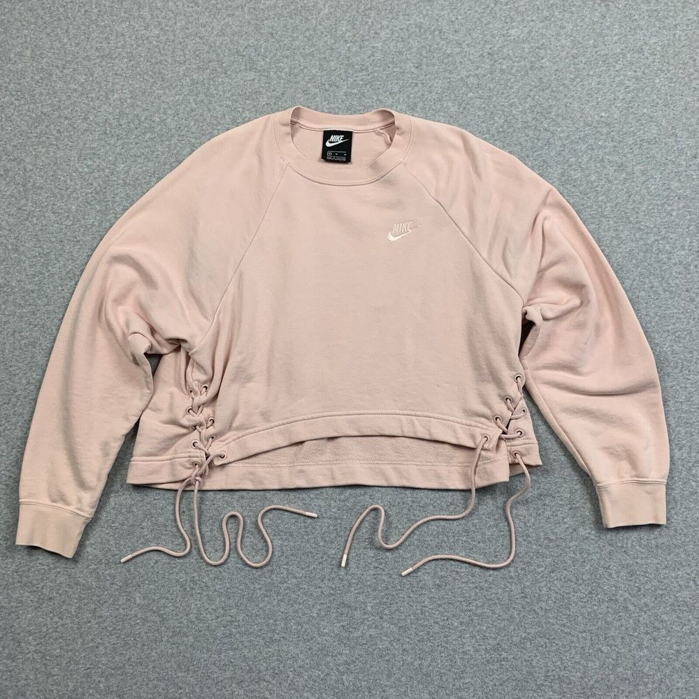 Nike Sweatshirt Women's Medium Essential Crew Fleece Lace Up Side Echo Pink Crop
